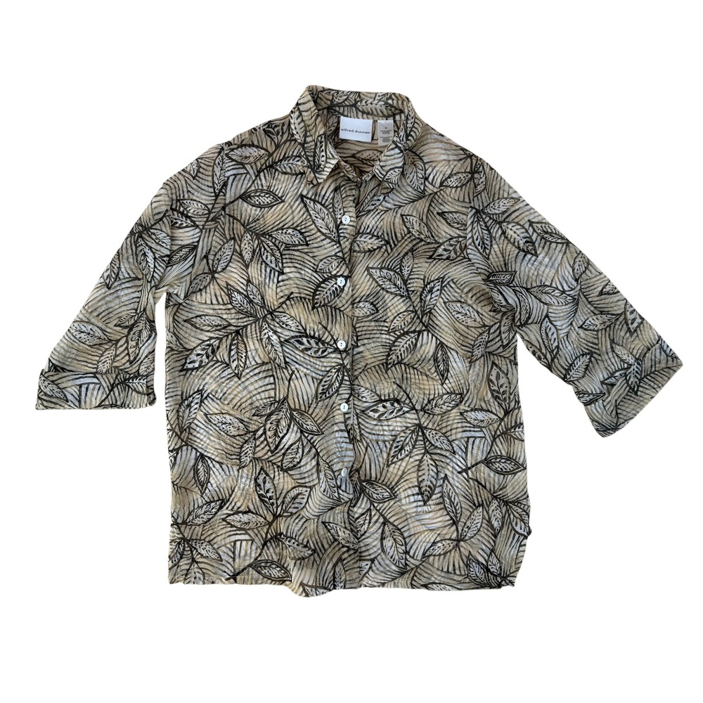 Coastal Leaf Print Button Down Sheer Shirt 10 Alfred Dunner